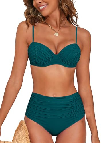 NLAND Maillot de Bain Femme 2 Pieces Taille Haute Ventre Plat Ensemble Bikini Push Up Rembourré Sexy Bikini Set avec Armatures Swimwear Beachwear(Vert,L)