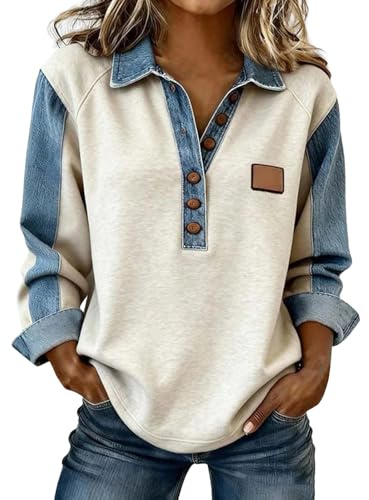 Denim pikétröja kvinnor button-down krage v-hals jeans lappverk skjorta långärmad Chambray skjortor smart vardaglig blus överdimensionerad lätt pullover toppar daglig helgoutfit, Vitt, M