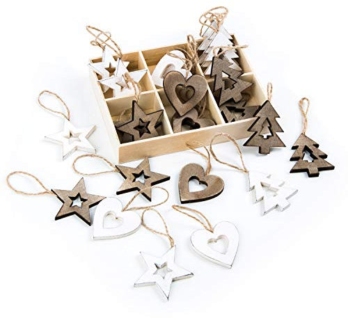 Logbuch-Verlag 24 Weihnachten Holz Anhänger 5 cm Baumschmuck Holzanhänger Deko Natur weiß Herz Sterne Baum Anhängsel