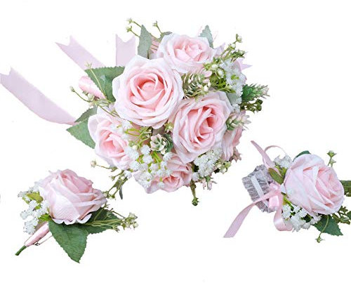 WeddingBobDIY Brautstrauß für Handgelenk und Mieder, Bräutigam, Knopfleiste, Blume, Party-Dekoration, Pink Set