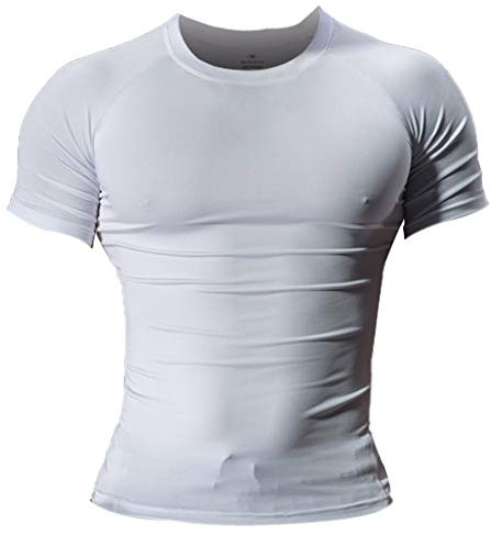 Musclealive Hommes Maigre Serré Compression Couche de Base Manche Courte T-Shirt La Musculation Tops Polyester et Spandex,Blanc,S-(Buste 34po-35po)