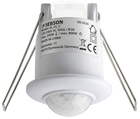 SEBSON 2X Détecteur de Mouvement Intérieur, Montage Encastré au Plafond, programmable, Capteur Infrarouge, 6m / 360°, LED adapté, Max. 800W/ 200W