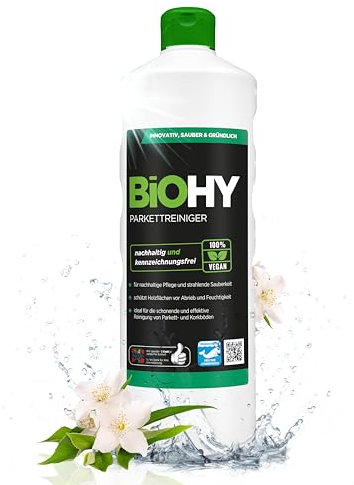 BiOHY Parkettreiniger (1l Flasche) | Konzentrat für versiegeltes & geöltes Parkett | materialschonend & schmutzlösend | für eine streifenfreie Reinigung | 2 in 1 Pflege & Reinigungsmittel