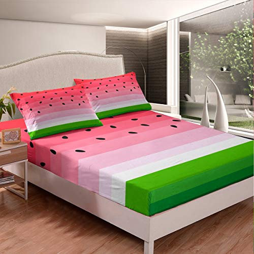Loussiesd Wassermelone Bettlaken Set Tropenfruchtdruck Spannbetttuch für Frauen Frischer Ananasstreifen Spannbettlaken 160x200cm Atmungsaktiv Rot Grün Atmungsaktiv