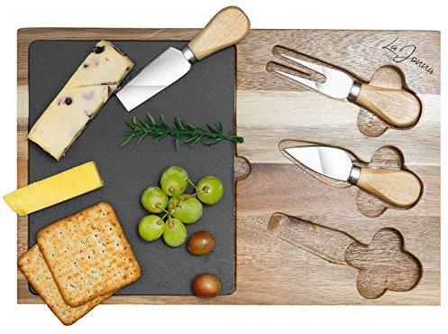 LaDonna Cheese Board and Knife Set | Charcuterie Boards for Serving Dishes | Wooden Tray Cheese Board Gift Set Serving Tray Includes 2 Knives and 1 Fork | Cheese Board Set