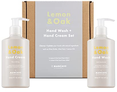 ManCave Lemon & Oak Hand Care Men's Giftset, Lemon & Oak Hand Wash with Anti-bacterial Properties 300ml and Lemon & Oak Hand Cream 300ml, Vegan, Natural Formulations, Made in England