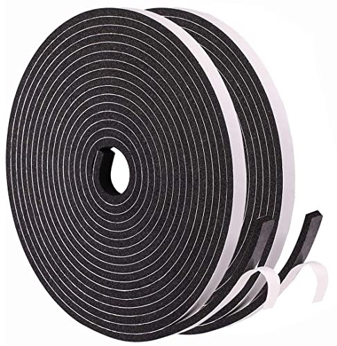 Draught Excluder Self Adhesive Foam Tape 6mm(W) x 3mm(T) Window Door Weather Stripping SoundProof Weather Strip Tape Seals for Gap Seal, 2 Rolls, Total 20M Long Black