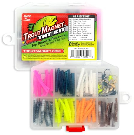 Trout Magnet TNT Kit – 82-Piece Set with 70 Soft Plastic Bodies & 12 Jig Heads – Top 7 Hot Colors – Includes 1/64oz Shad-Dart Heads in Gold, Black, Silver & Chartreuse – Ultimate Trout Fishing Lure