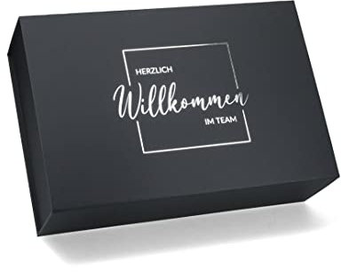 ideas in boxes Premium Geschenkbox mit Deckel faltbar, Geschenkkarton, Magnetbox, Geschenkverpackung „Willkommen im Team“, 33x22x10cm, Schwarz mit Silber