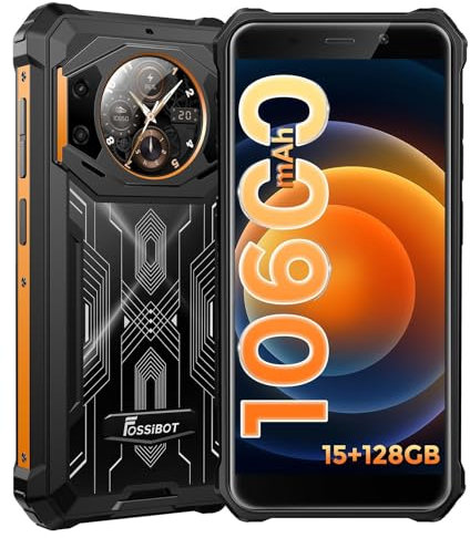 FOSSiBOT F101 Pro Outdoor Handy ohne Vertrag,Dual Bildschirm 15GB(8+7)+128GB/1TB,10600mAh Akku,5,45HD+Bildschirm,24MP Kamera,Android 13 Outdoor Smartphone IP68/69K,Dual SIM 4G,Face ID,OTG,NFC(Orange)