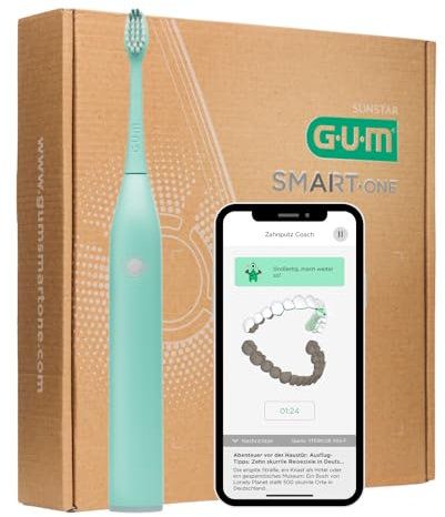 GUM Smart One, elektrische Schallzahnbürste mit smarter Mundhygiene-Coaching-App, Tempo-Kontrolle zum Zahnfleischschutz, Timer, 4 Putzprogramme, 1 Aufsteckbürste, 6 Wochen Akku, Mint