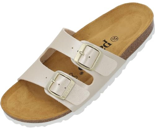 Palado Pantoletten Damen Milos Metallic – elegante Sandalen Made in Spain - bequeme Hausschuhe mit Kork-Fußbett - modische Sommerschuhe Gold UK3,5 - EU36