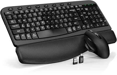Wireless Keyboard and Mouse Combo – Ergonomic Wave Key, Built-in Leather Soft Palm Rest, 2.4G Full Size, 6-Button Mouse with 4-Level DPI, Dual USB-A/USB-C, MA12 for Windows & macOS Compatible- SABLUTE