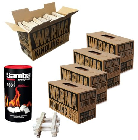 5 Large Boxes Warma Kiln Dried Kindling & 100 Samba Firestarters Firelighters Sachets - Suitable for Lighting BBQ Barbecue Fire Pit Wood Burner Stoves Fireplaces Campfires & Open Fires