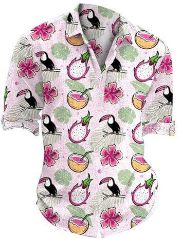 Lässiges Langarmhemd für Herren, Button-Down-Passform, Sommerhemd, Strandhemd, lässig, kurzärmelig, locker, Herrenhemden, Doppelmanschette, 2025 Weihnachten, rose, M