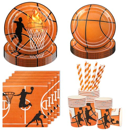 Aitsite Set di stoviglie da basket per feste, 100 pezzi, arancione, 20 piatti da 7 pollici, piatti da 20 9 pollici, 20 bicchieri di carta, 20 cannucce, 20 tovaglioli, per 20 ospiti, compleanno, sport