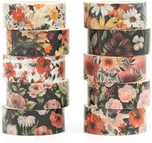 Songdao 10 rouleaux Fleur Washi Tape Set Ruban Adhésif Papier Motifs floraux Décoratif Masking Tape pour Scrapbooking Artisanat de Bricolage (3-Blooms)