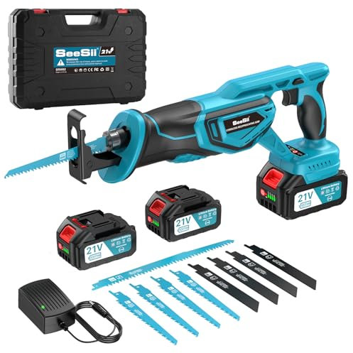 SEESII Akku Säbelsäge 21V, 3000 RPM Bürstenlosem Motor | 2x 4,0Ah Akkus & 8 Sägeblätter | Für Holz, Metall, PVC | Säbelsäge für Baustelle & Garten