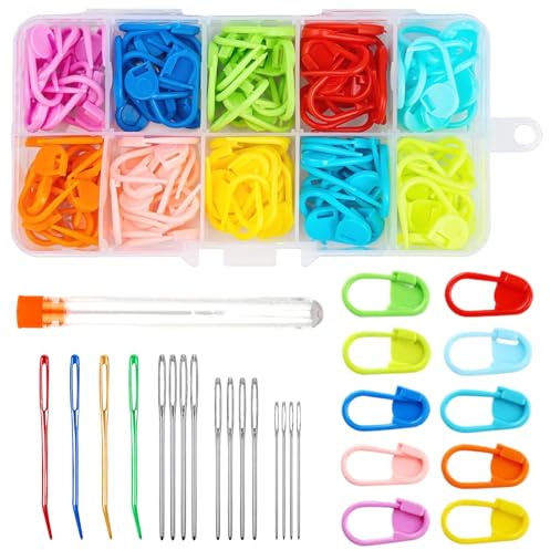 CATOR Lot de 120 marqueurs de maille à crochet, 10 couleurs, 12 aiguilles à coudre avec grand chas, aiguille a laine, aiguille laine, Avec boîte de rangement pour projets de bricolage au crochet