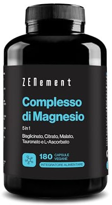 Complesso di Magnesio 5 in 1 - Bisglicinato, Citrato, Malato, Taurato e L-Ascorbato - Alta Biodisponibilità e Tollerabilità, senza Ossido di Magnesio - 360 mg per dose - 180 Capsule - Zenement