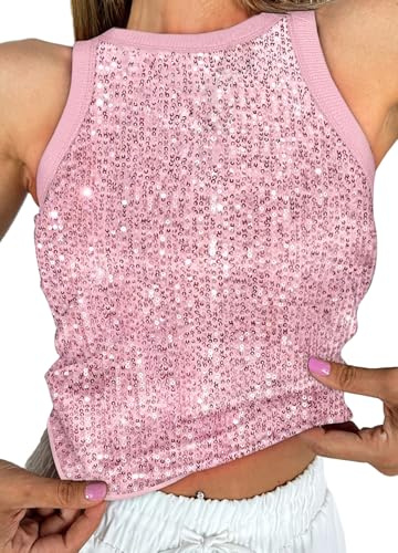 Naimo Top da Donna con Paillette Luccicanti, Senza Maniche, Girocollo, Blusa, Sexy, Weste per Festa e Club, Colore: rosa., M