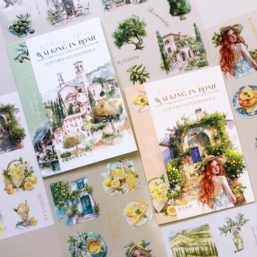 Adesivi Scrapbooking Vintage Stickers 160Pz/20 Fogli Adesivi per Viaggi e Architettura per Decorare Scrapbooking Accessori,Junk Journaling, Giornali Fai-da-te(Roma Serie 1)