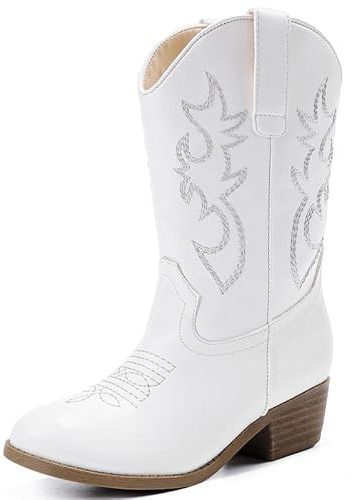 LAURMOSA Girls Cowboy Boots Mid Calf Zipper Pointed Toe Low Heel Cowgirl Boots for Little Big Kids Party Country Horse Riding