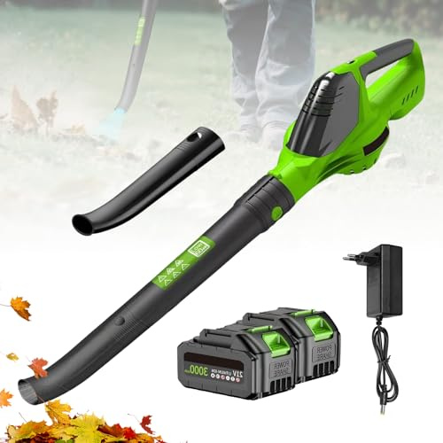 21 V soplador de batería, 60 m/s, 18,000 rpm, 5 velocidades, soplador de hojas inalámbrico con batería y cargador, portátil para jardín, nieve, patio, hoja (2 baterías)
