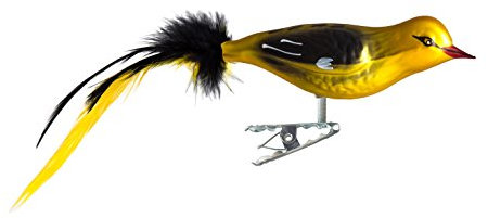 Birds of Glass® Glas-Vogel, Pirol mit Naturfeder | Glasschmuck Made in Germany aus eigener Herstellung | deko Vogel mit Clip, Glasvogel, echter Lauschaer Christbaumschmuck, für den Innenbereich