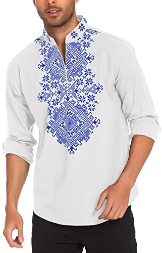 COOFANDY Mens Shirt Henley White Floral Print Casual Cotton Linen Beach Moroccan Men Clothing Hawaiian, 01white, X-Large, Long Sleeve