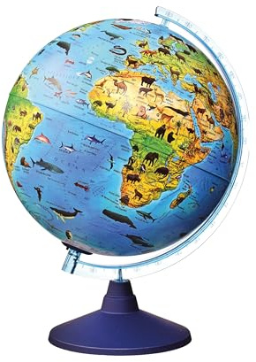 alldoro 68620 3D Lexi Globus Zoo Ø 25 cm med smartphone IQ Globe App, lysande glob med LED-lampa utan kabel, barnglob med djur, världskarta geografisk, upplyst djurglob, barn från 3 år