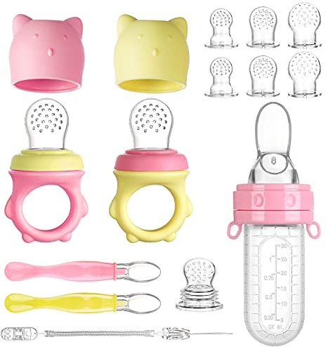 Lictin Set di 12 aspirapolvere per frutta, 6 tettarelle in silicone in 3 misure con cucchiaio per bambini (2 pezzi) per alimenti complementari, senza BPA, per alimenti