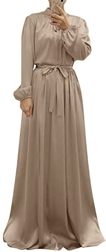 Robe longue en satin pour femme avec manches évêques, robe longue du Moyen-Orient, robe musulmane, Champagne, XL