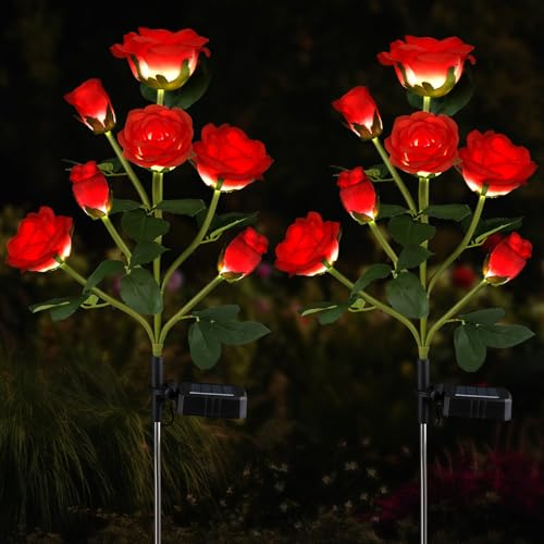Aolyty 2 luces LED solares de rosa, 7 flores, luces de jardín impermeables, luces de camino al aire libre, adornos artificiales decorativos, luz nocturna para patio, patio trasero (Rojo)