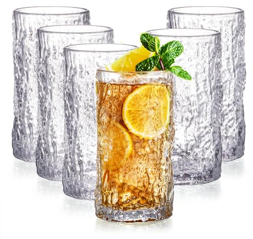 Cididu Set of 6 Highball Drinking Tumbler Glasses, 350 ml Embossed Tall Water Tumbler, Beverage Glass Thick Heavy Base, Vintage Glassware Drinkware for Cocktail, Beer, Whiskey, Juice, Iced Coffee