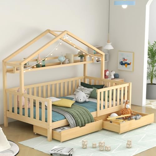 KOMHTOM 90x200cm Lit d'enfant Lit de Maison avec 2 Tiroirs et Clôture de Sécurité, Cadre de lit avec étagère de Rangement, Sommier à Lattes en Bois(sans Matelas) (C)