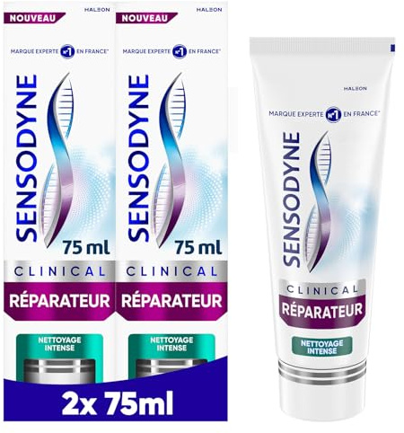 SENSODYNE - Dentifrice Clinical Réparateur - Cliniquement Prouvé pour Soulager la Sensibilité Dentaire - Commence à Réparer Dès 2 Min - Nettoyage Intense - Menthe Poivrée & Eucalyptus - 2 x 75 ml