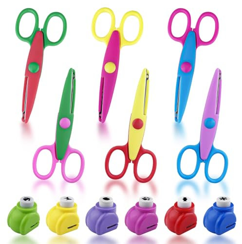 Crihovy 6 Stück Kinderschere + 6 Stück Papierstanzer, Kinder Sicherheit Schere, Bastelschere und Stanzer, Zickzackschere, Papierschere, Kinderscheren, Wellenschere, Bastelscheren, Sicherheitsschere