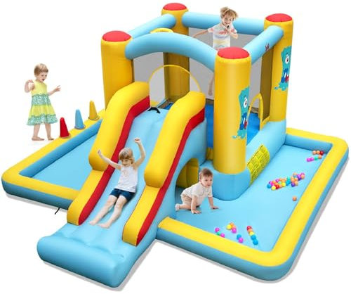 GYMAX 7 in 1 Kids Bouncy Castle, Inflatable Jumping House with Slide, Climbing Wall, Ball Pit, Tunnel, Ring-toss Game & Basketball Hoop, Outdoor Blow up Bouncer for Garden Backyard, 394x389x194cm