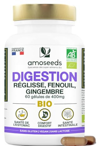 Digestion BIO | Confort Digestif et Santé de l’Estomac | Réglisse, Fenouil, Gingembre | Améliore la Digestion, Réduit les Inconforts | 60 gélules de 400mg | Fabriqué en France | Qualité Supérieure