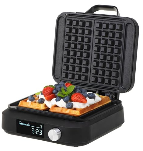 CAMRY Waffle belga - Piastra doppia per waffle con display LCD, 2200 W, 6 livelli di doratura, rivestimento antiaderente, piastre riscaldanti extra profonde 17 x 9 x 2 cm