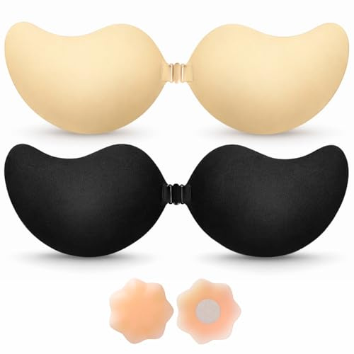 BLOOMORA Soutien-Gorge Adhésif Push Up – Soutien-Gorge Dos Nu sans Bretelles Invisible avec Clip – 2 Soutiens-Gorge Adhésifs Noir & Beige + Caches-Tétons Réutilisables - Bonnet C