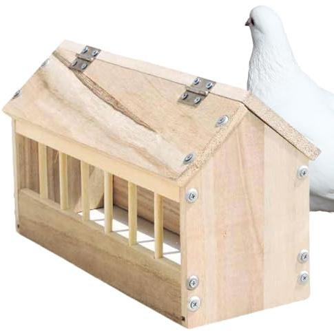 Rrlihjgu Distributeur sans gaspillage pour cailles, distributeur de nourriture pour pigeons, robuste en forme de maison en bois pour coqs, canards, poules et extérieur