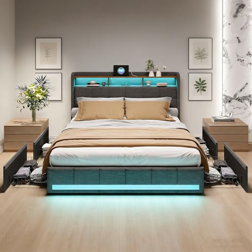 Yeutre Lit 140x190 avec Sommier LED et USB, Lit Double rembourré avec 4 tiroirs et tête de lit de Rangement, Lits Deux Place pour Adultes et Adolescents, Lin (Gris, 140x190 cm)