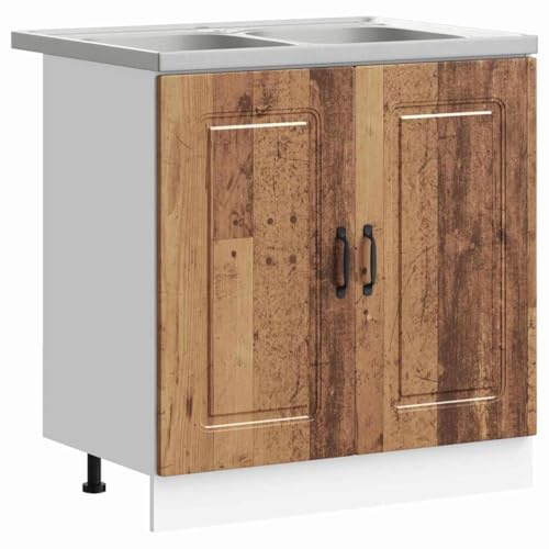 CIOURSTO Mueble de Fregadero de Cocina Independiente con Lavabo Doble de Acero Inoxidable, Unidad de Servicio de 2 Puertas con Manijas Negras y Pies Ajustables para Cocina y Cuarto de (Madera Vieja)