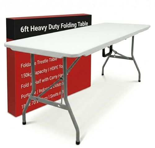 Build Rapido 6ft Heavy Duty Folding Table - Foldable Trestle Table Fold in Half with Carry Handle - 150kg Capacity HDPE Top - Catering Banquet Dining Party Event Table (White, 180cm)