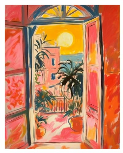 1 St Öppet Fönster Tryck Stil Fauvism Målning Hav Apelsinträd Kustnära Utsikt Canvas Affisch