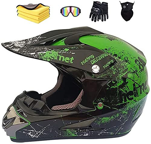 Motorradhelm, Motocross Helm für Kinder, Cross-Helm mit Handschuhe, Maske, Brille, ATV, MTB, Grün, 52-56 cm