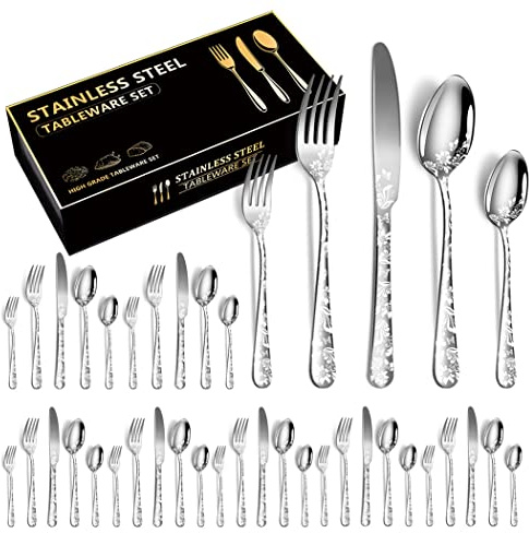 XIAOYU Set di posate da 40 pezzi, set di posate in acciaio inossidabile, servizio per 8, design unico, include coltelli da tavola/forchette/cucchiai, set di posate lucidate a specchio, argento