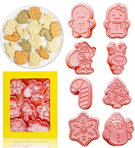8 Stück Weihnachts-Ausstechformen, 3D-Prägeform, Keksstempel zum Backen, Keksform-Set für Weihnachtsbaum, Lebkuchenmann, Schneemann, Rentier